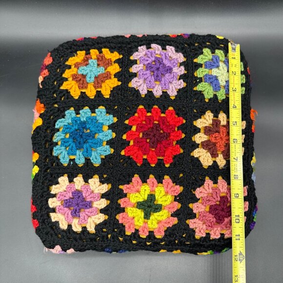 Vintage Granny Square Crochet Throw Pillow Rainbow Black Handmade Decorative - Picture 8 of 10
